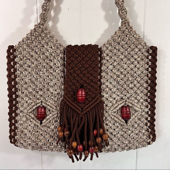 Vintage Handbags - Vintage Handmade Boho Macrame Shoulder Bag Purse Wood Beads Tassels Brown Tan